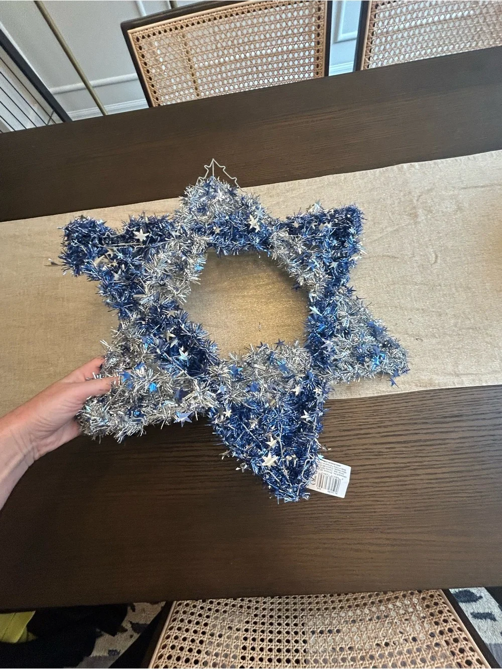 Star of David Hanukkah Wreath – Blue & Silver Tinsel Holiday Decor